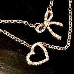 3/$32  Silver Tone Double Layered Rhinestone Heart & Bow Tie Dainty Necklace